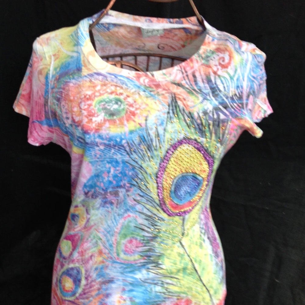 DAYTRIP multicolor Tee T peacock feather L